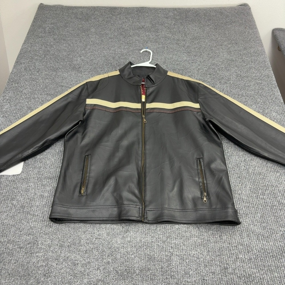 Vintage Machine Jacket Mens L Black Faux Leather Striped Cafe Racer Moto Biker